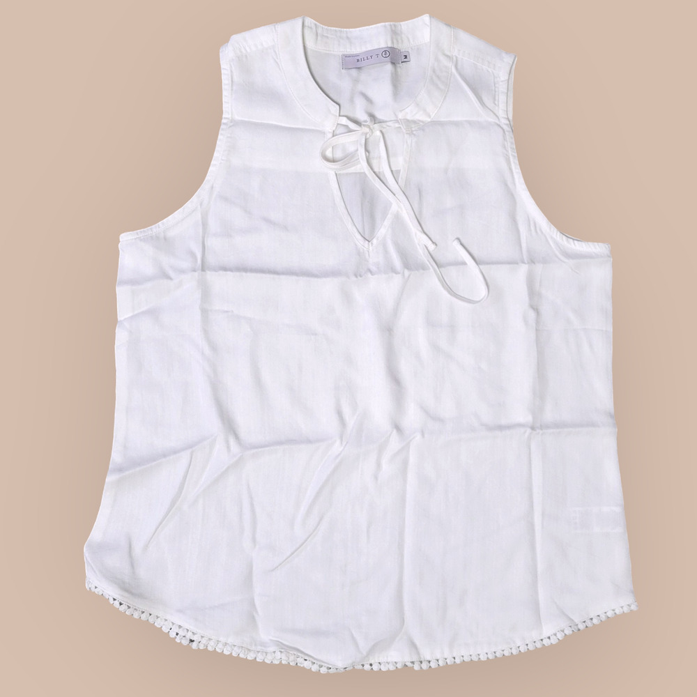 Billy T White Keyhole Front Pom-Pom Hem Sleeveless Blouse Woven Top Women Sz M